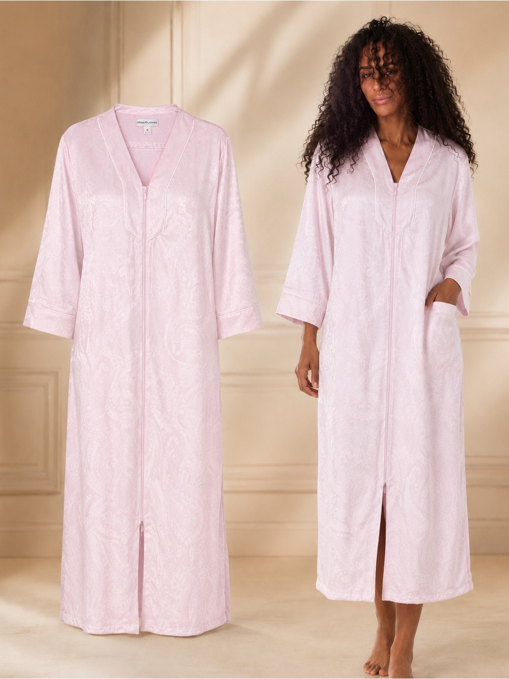 Miss Elaine Pink Paisley Satin Zip Robe Size M NWT